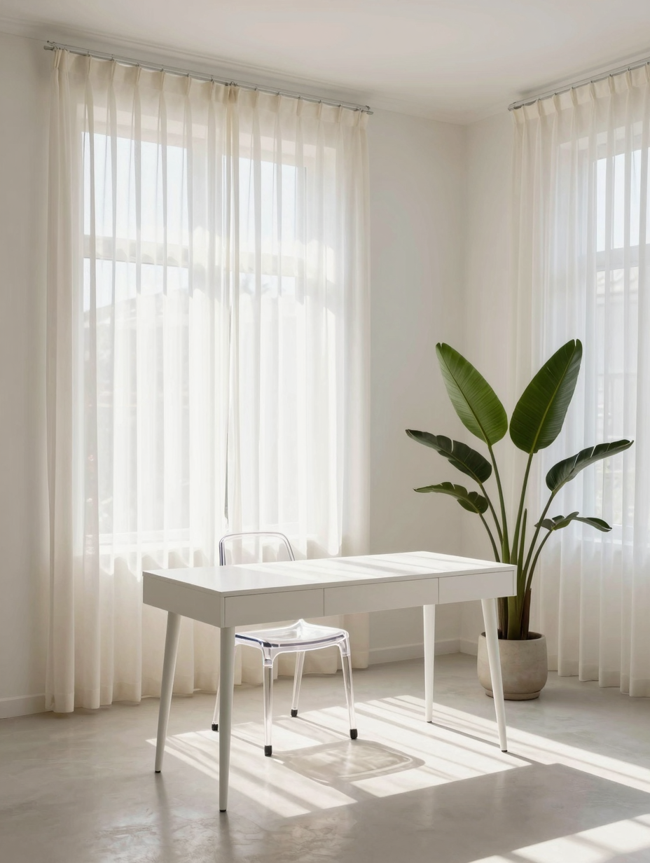 A sun-drenched home office with a minimalist desk, comfortable chair, and large windows, creating a serene and productive ...
