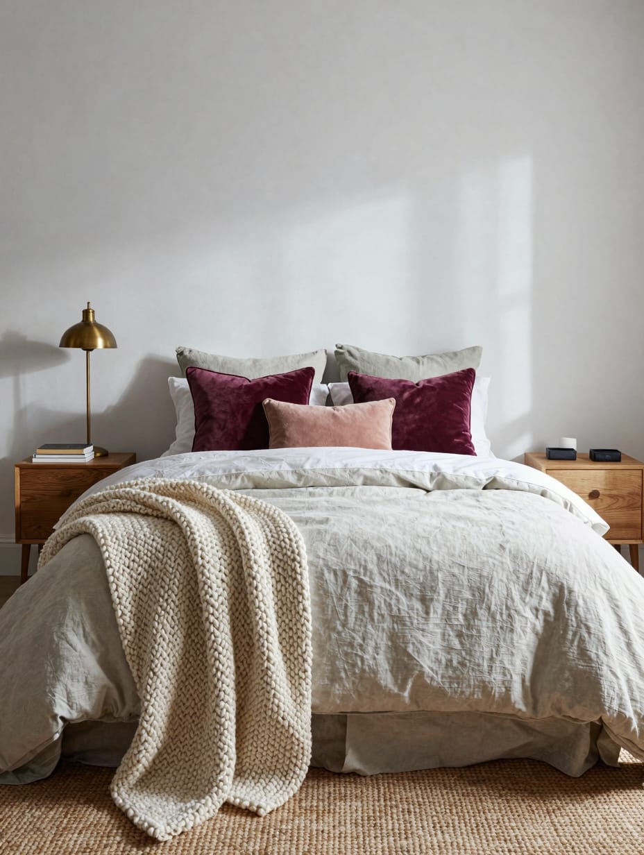 A cozy apartment living room with a sofa adorned with various plush layered textiles for added comfort and style.