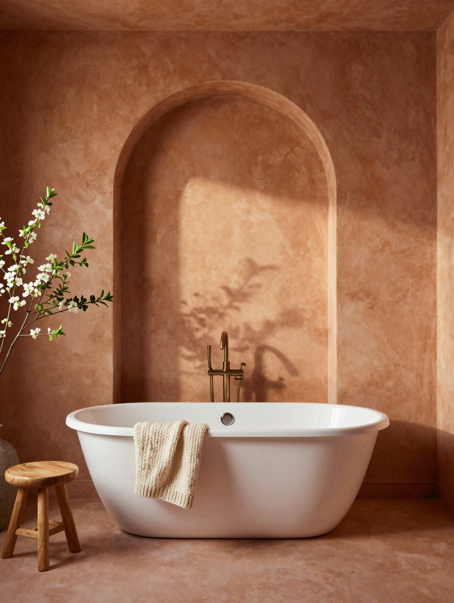 A luxurious terracotta color drenching bathroom with warm lighting, a modern bathtub, and green plants, creating a sunset ...