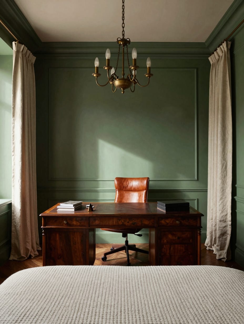 A home office fully drenched in forest green, featuring a desk, chair, and shelves, creating a serene and focused workspac...
