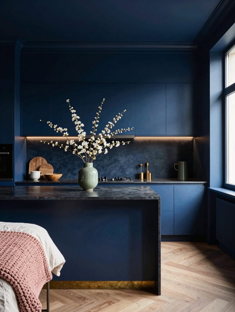 Full view of a modern kitchen fully drenching in deep midnight blue hues, featuring matching cabinets, island, and walls....