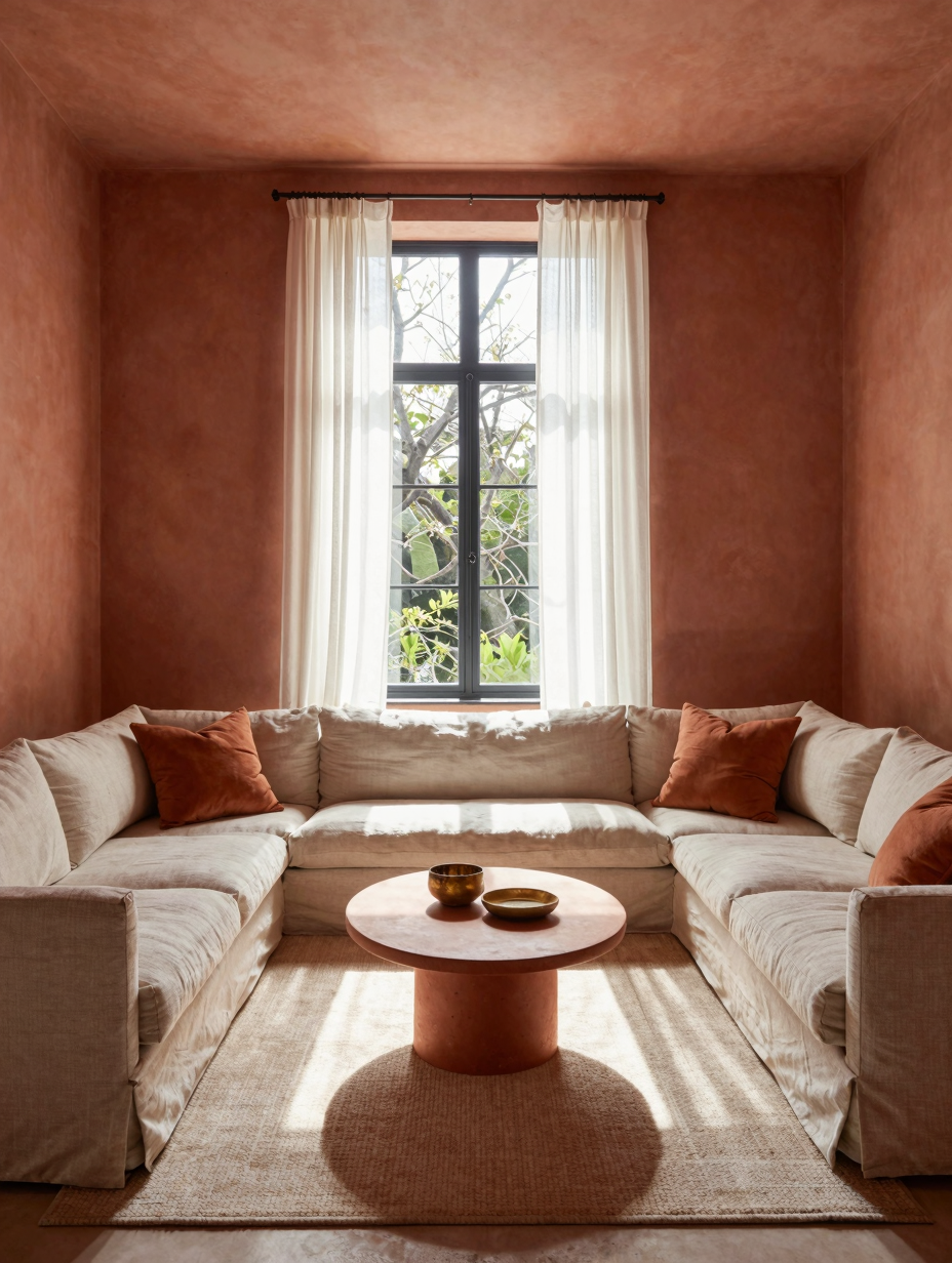 A warm, color-drenched living room featuring terracotta walls and matching furnishings, creating a cozy and inviting space...