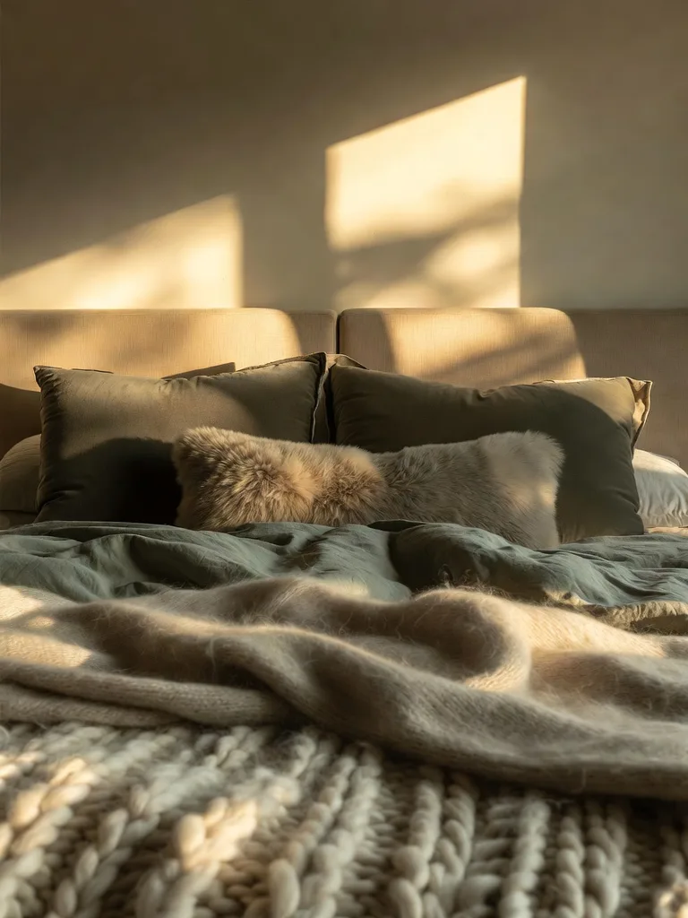 A bed featuring multiple soft blankets, throw pillows, and textured fabrics, creating a plush and inviting haven.