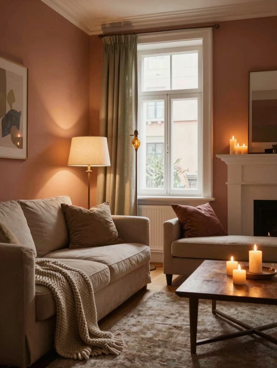 Living room bathed in a warm, golden hour glow, featuring a comfortable sofa and soft lighting that creates a cozy atmosph...