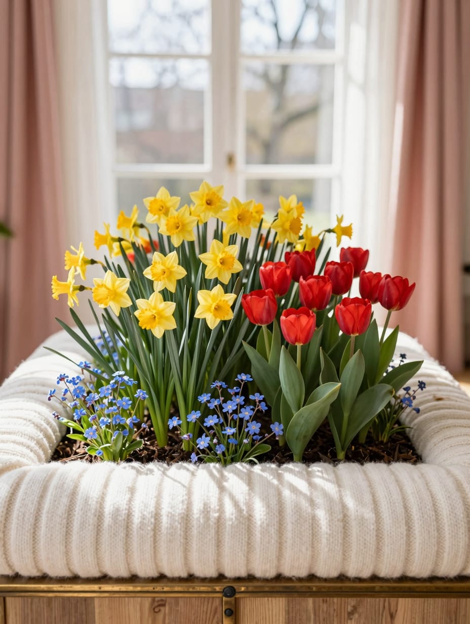 Vibrant layered flower bed showcasing a spring spectacle in a front yard.