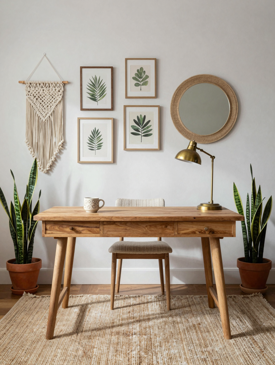 Bohemian home office aesthetic featuring a desk, macrame wall art, and cozy plant decorations, creating an inviting worksp...