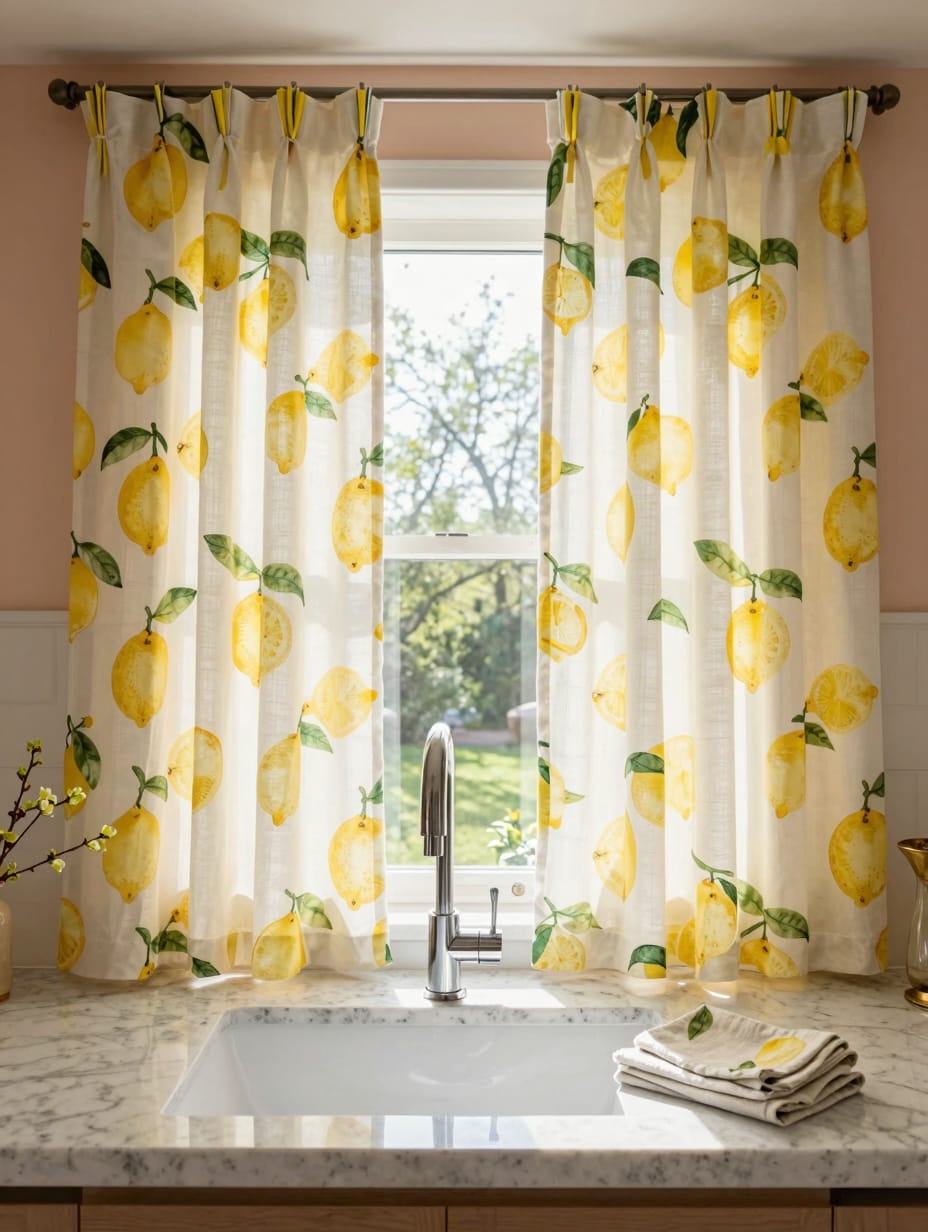 A sun-drenched kitchen window featuring lemon orchard tier kitchen sink curtains, adding charm and a bright aesthetic.