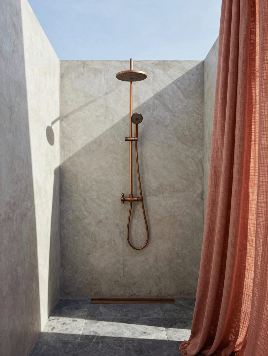 A modern outdoor shower featuring sleek concrete walls and elegant copper plumbing fixtures, surrounded by lush green plan...