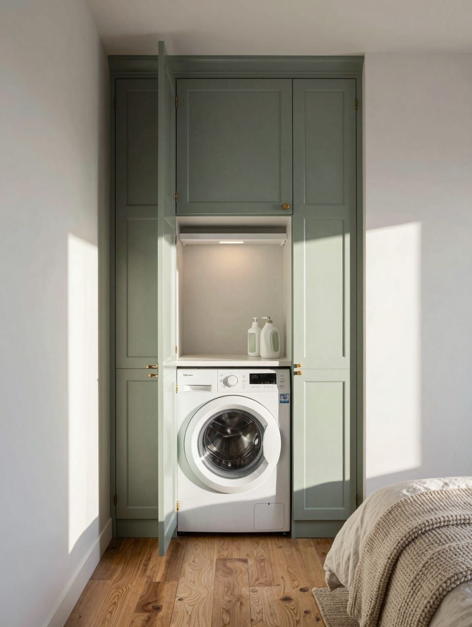 A clever, small laundry room idea featuring a compact washer and dryer hidden behind bifold doors in a hallway nook, optim...