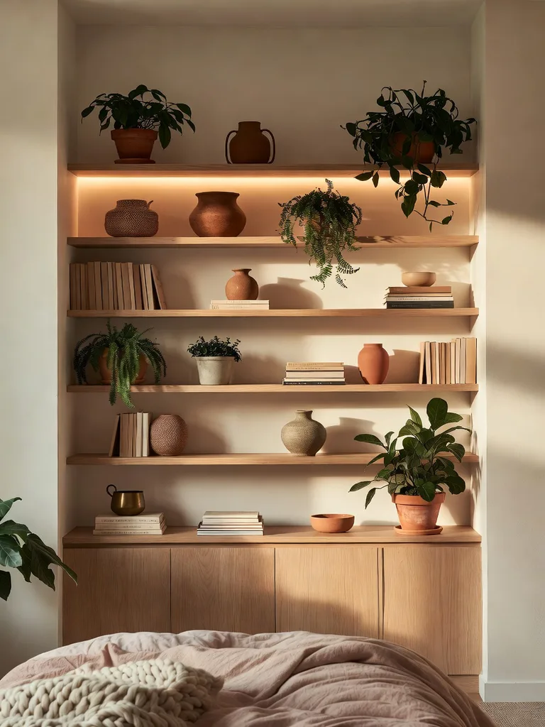 A stylish, tall white shelving unit with books, plants, and decorative objects in a modern studio apartment.
