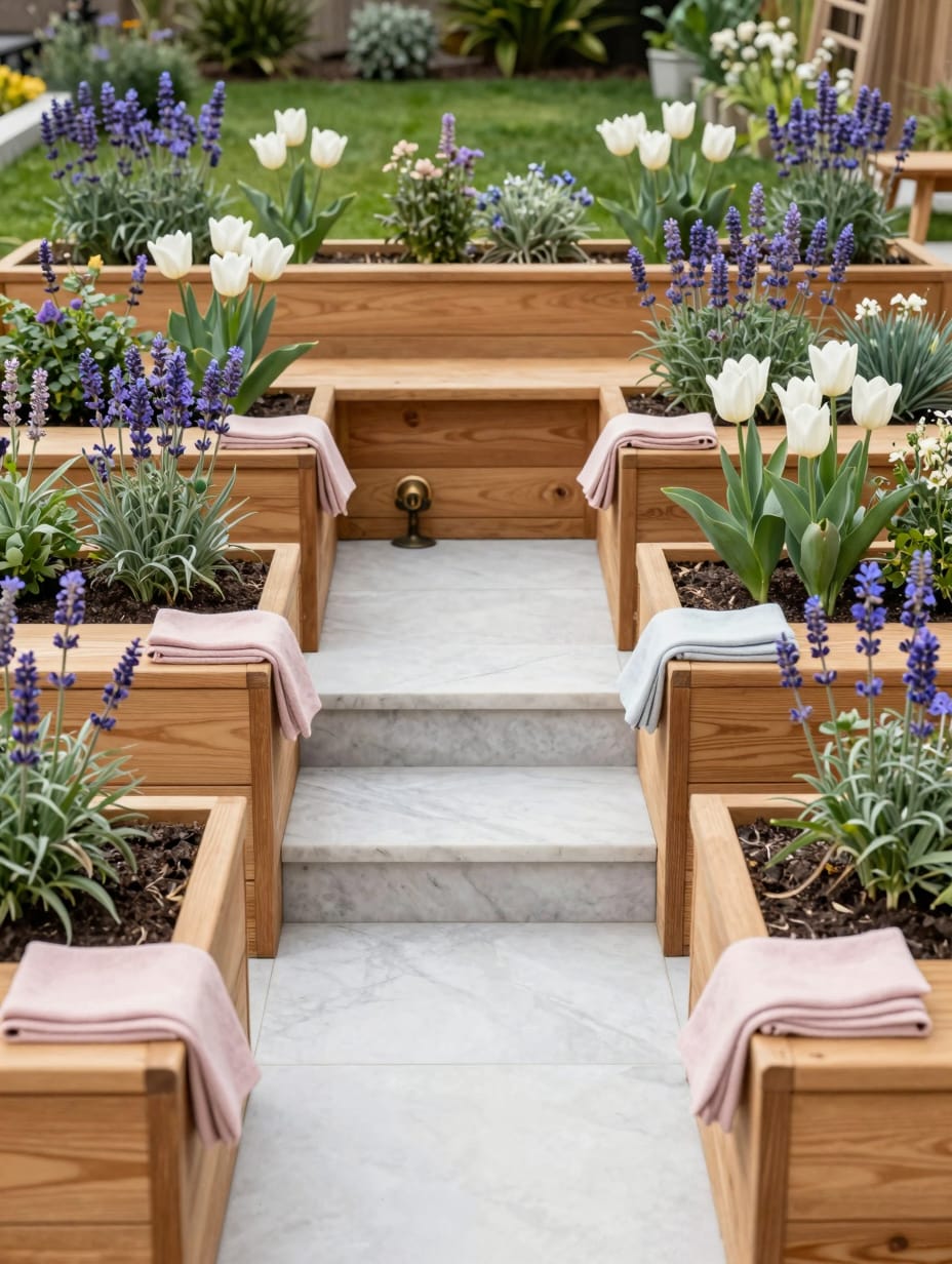 Tiered cedar flower enclosures create stunning visual interest and add structure to modern yard landscaping ideas.