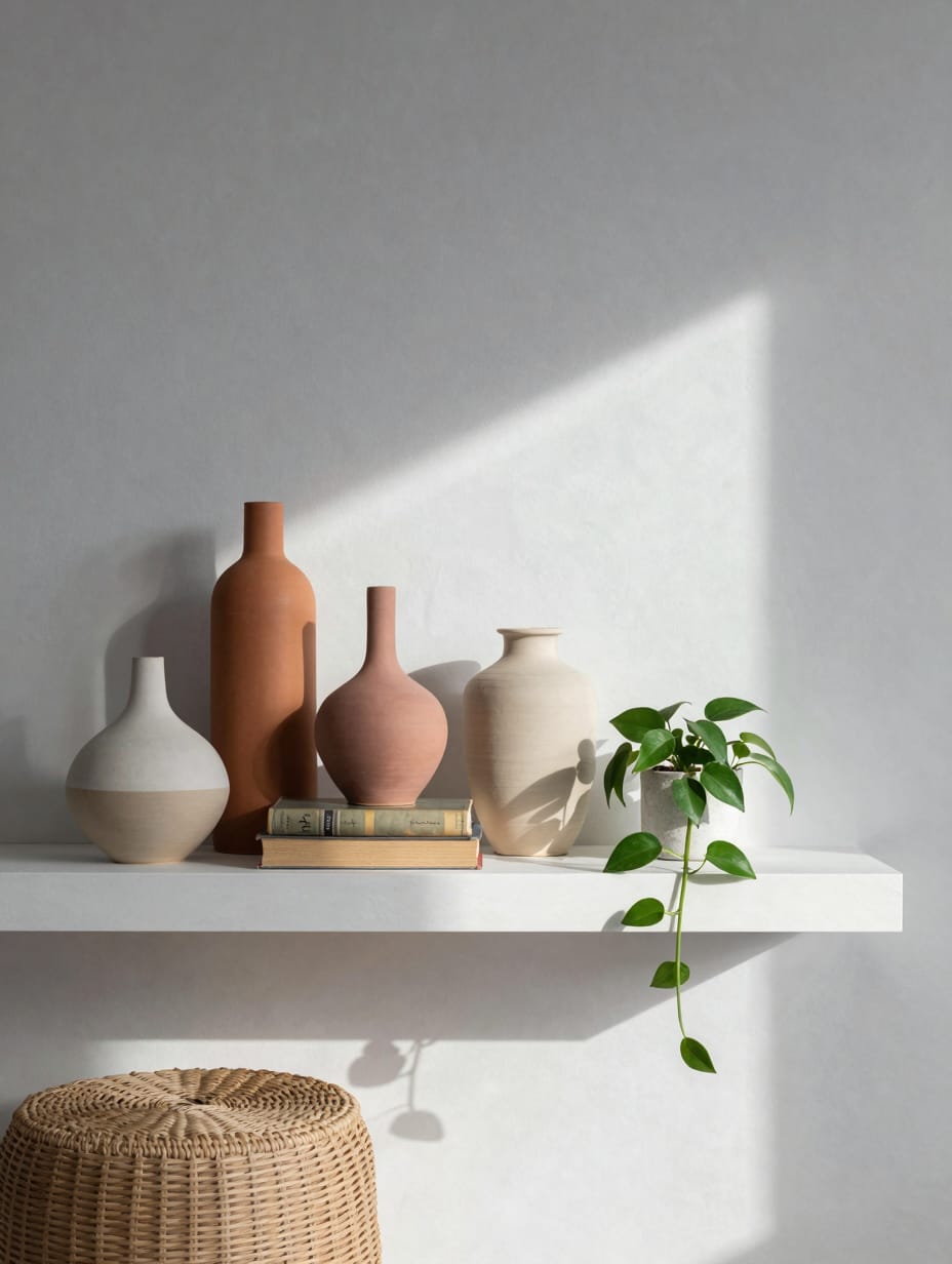 Thoughtfully styled shelf with books, plants, and decorative objects, enhancing apartment visual interest.