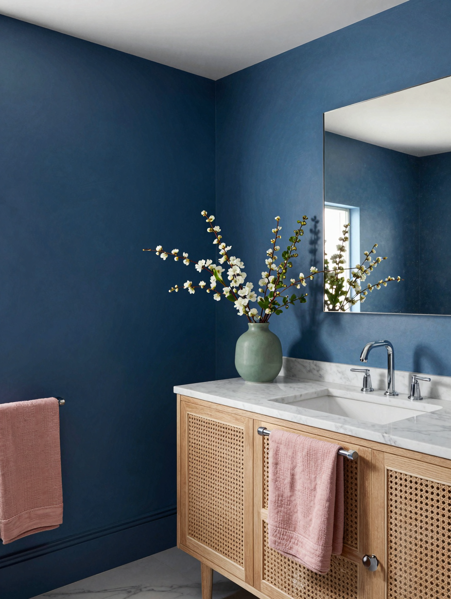A luxurious sapphire blue color drenching bathroom with elegant fixtures and soft lighting, creating a serene ambiance.