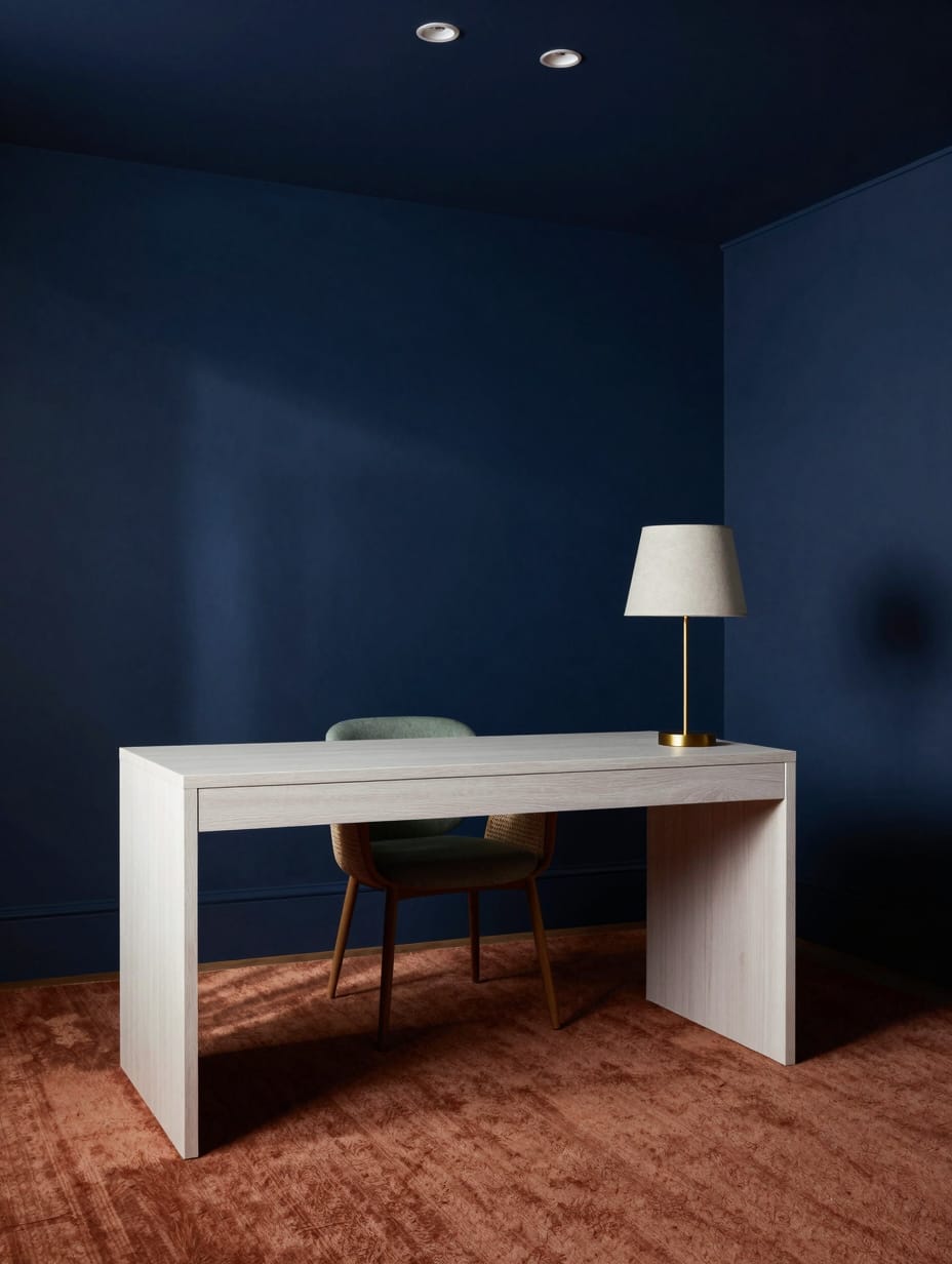An elegant navy blue color drenching home office features a dark wooden desk, brass task lamp, and minimalist art.