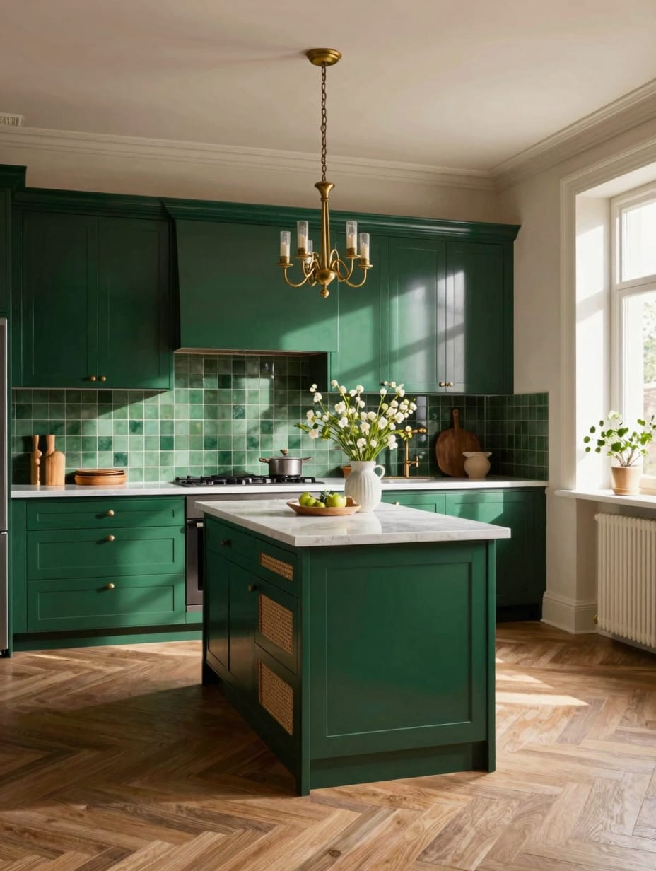 Luxurious emerald green color drenching kitchen with sleek cabinetry and matching walls for an opulent feel
