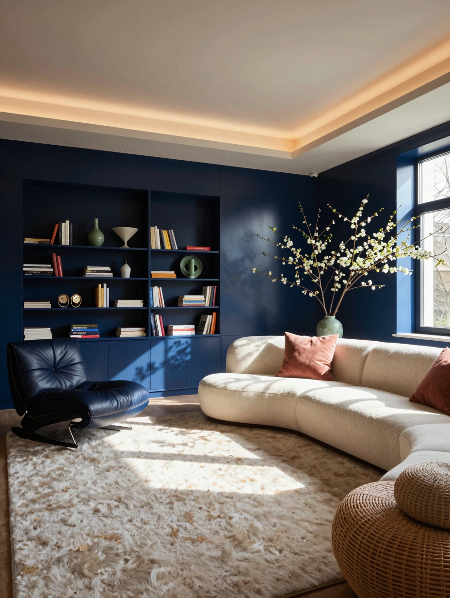 A color-drenched living room painted in a deep midnight blue, creating an elegant and immersive dreamscape with plush seat...