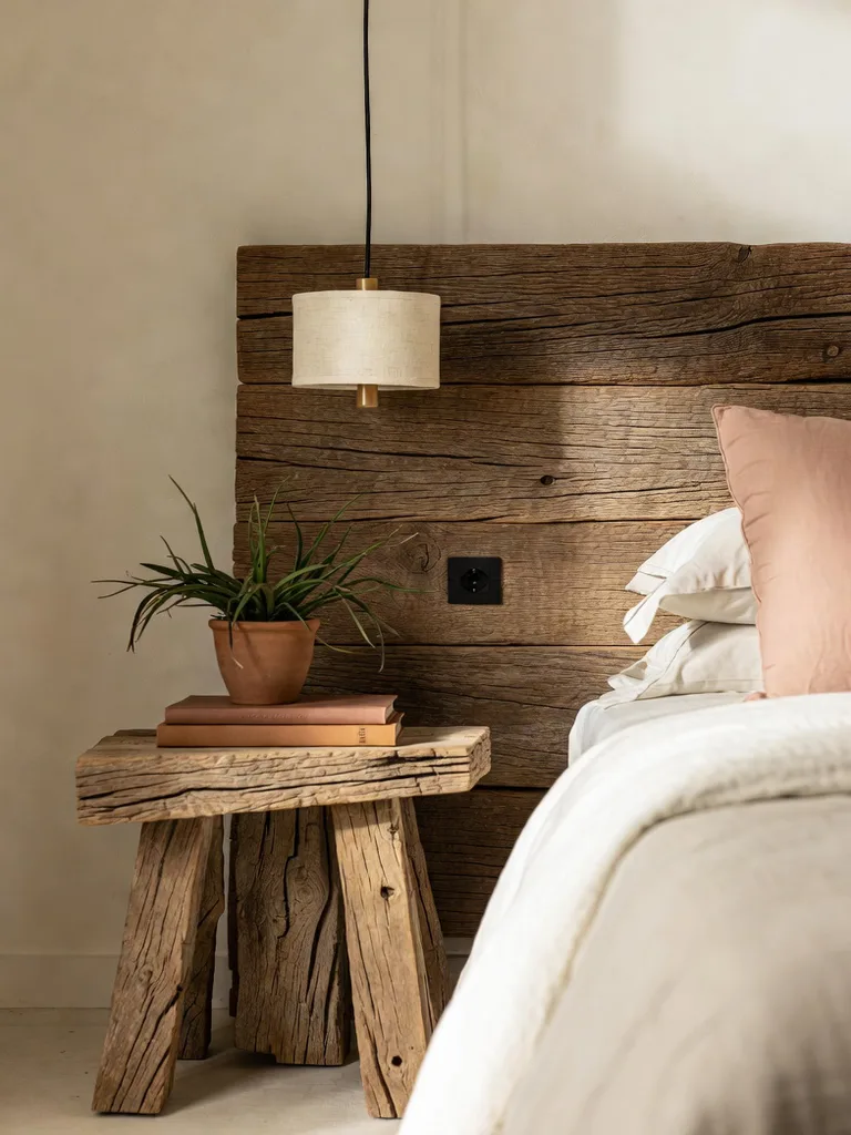 A cozy bedroom showcasing natural wooden accents on the headboard and nightstand, creating a warm and inviting atmosphere....