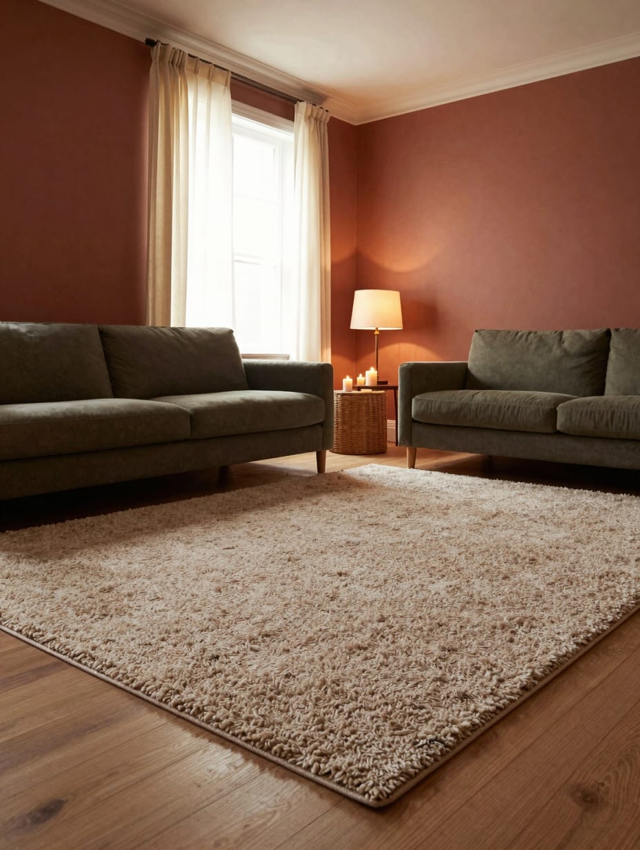 A cozy living room featuring a large, cream-colored plush rug anchoring a modern sofa and coffee table.