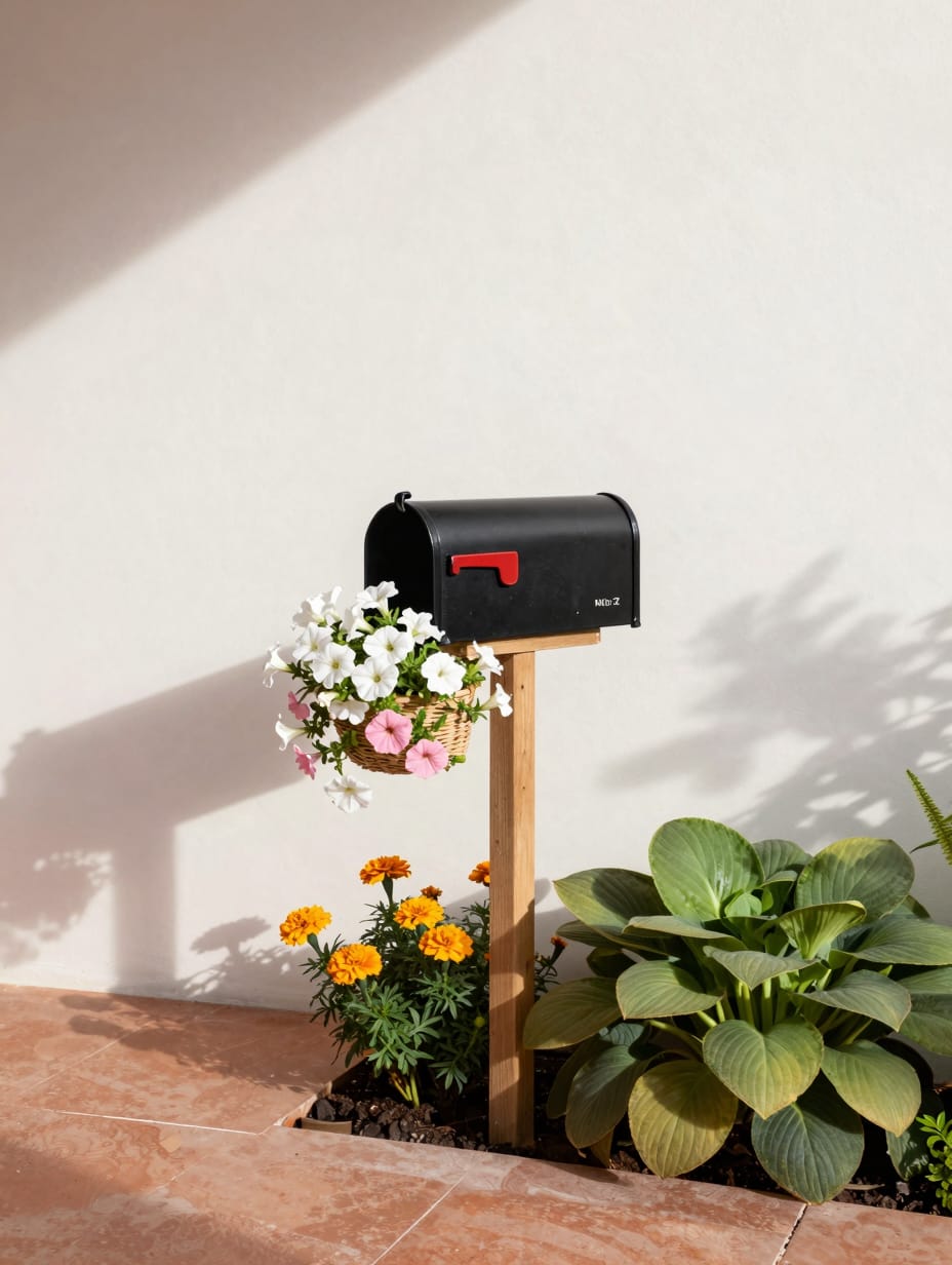 A charming mailbox garden oasis with colorful flowers and lush greenery, enhancing front yard landscaping.