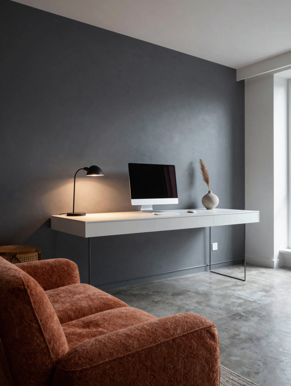 A modern minimalist home office with a white desk, simple chair, green plant, and bright window.