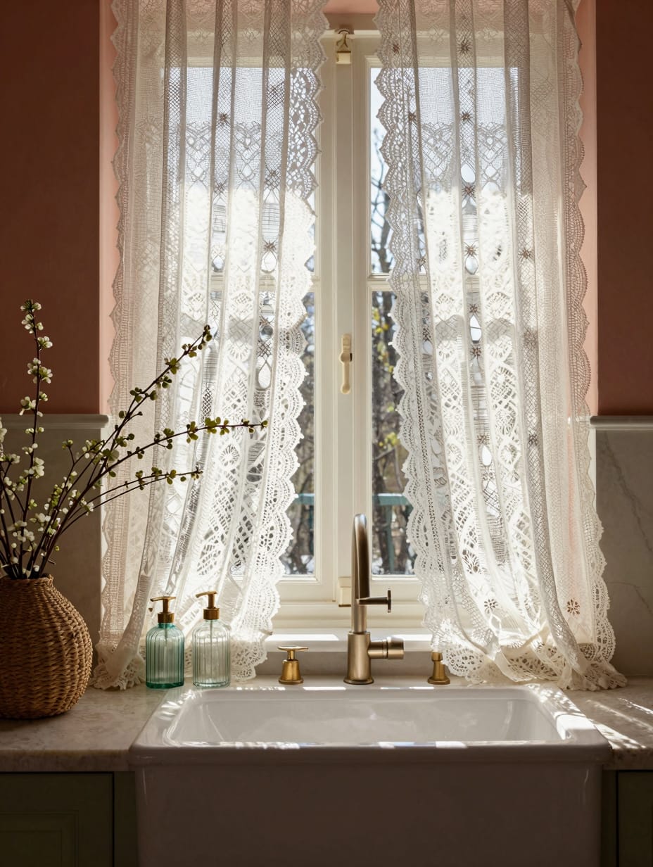 A kitchen window with vintage lace kitchen sink curtains, casting soft shadows and creating a charming, light-filled momen...