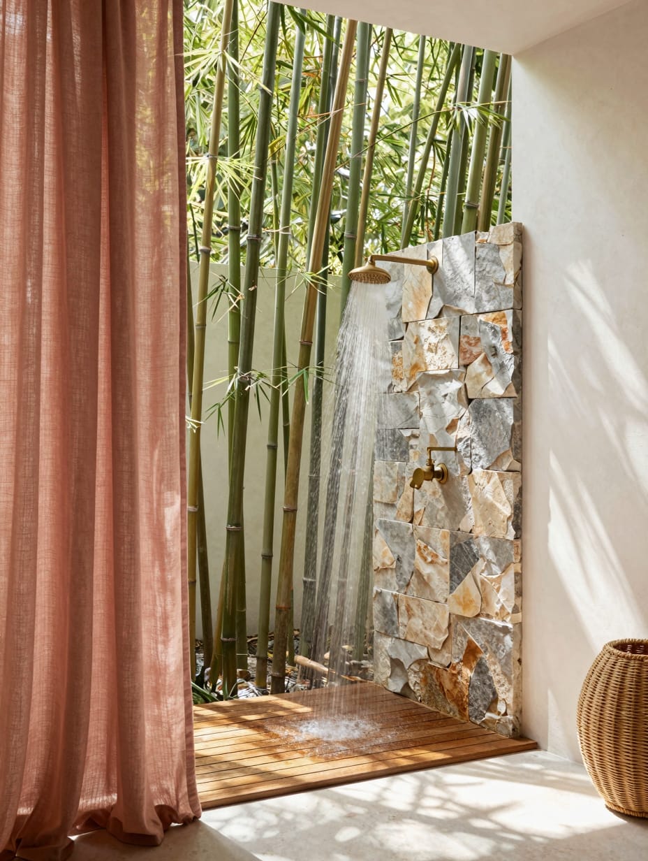 A tropical outdoor shower retreat featuring bamboo walls, a stone floor, and lush greenery for a natural and refreshing ex...