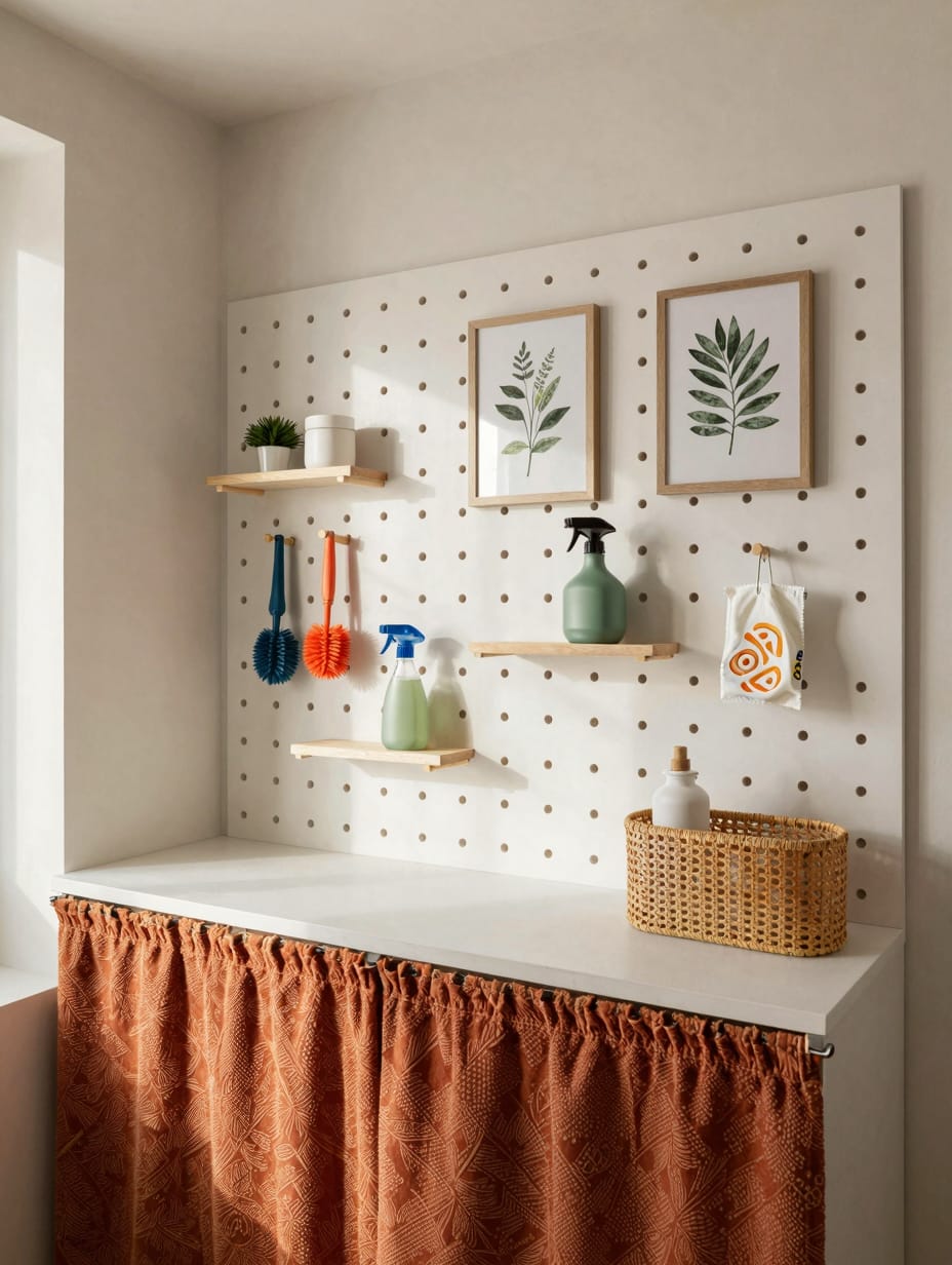 A small laundry room features a white pegboard wall, neatly organized with laundry supplies, baskets, and cleaning tools. ...
