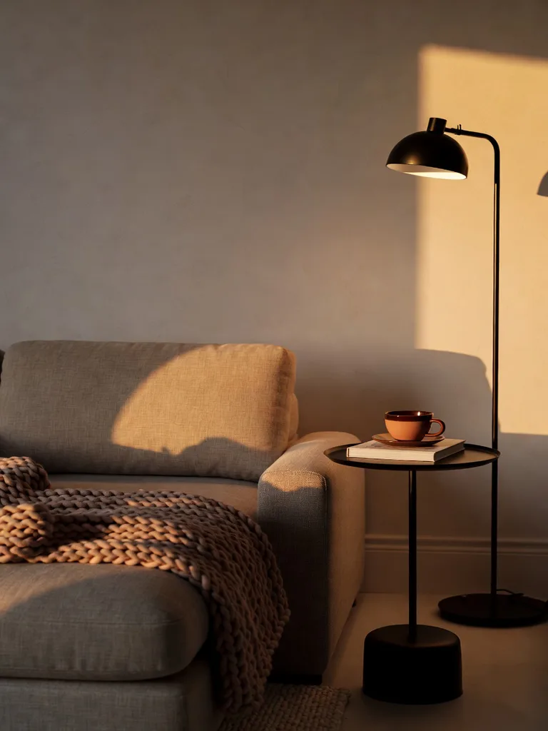 A modern studio apartment features a convertible sofa bed and a sleek, multi-functional coffee table, optimizing space wit...