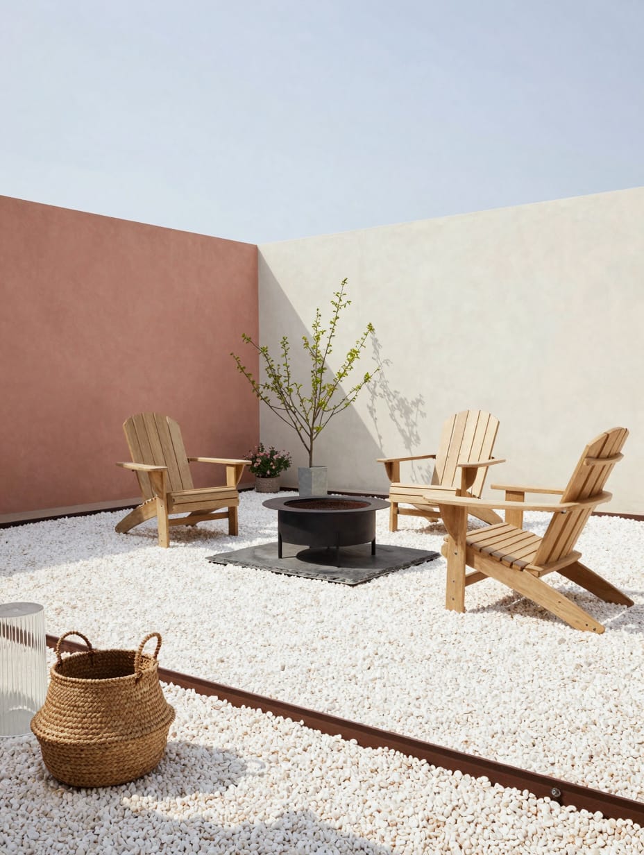 A modern geometric gravel lounge area with minimalist outdoor furniture, lush green plants, and wooden accents, showcasing...
