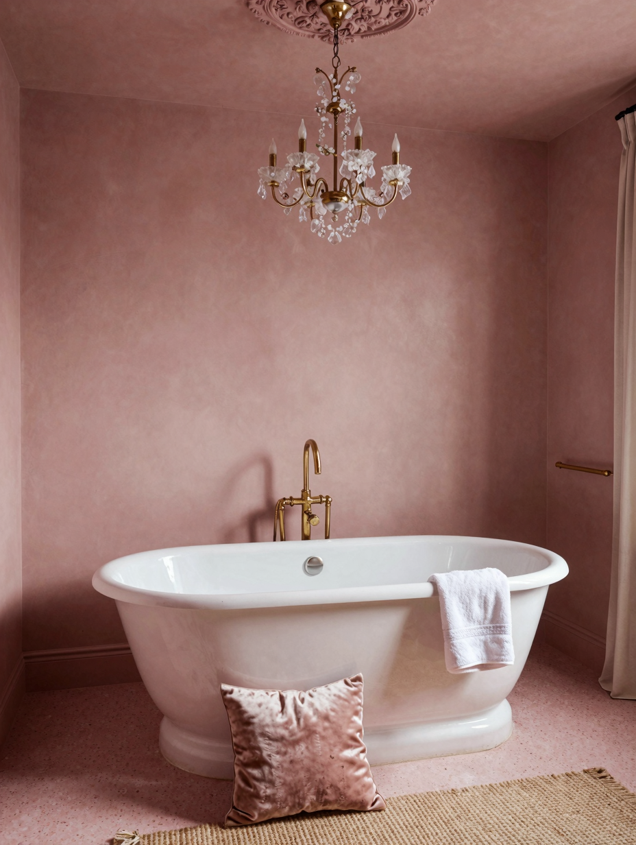 A small powder room fully drenched in a soft blush pink color, featuring floral accents and a modern vanity. Perfect for a...