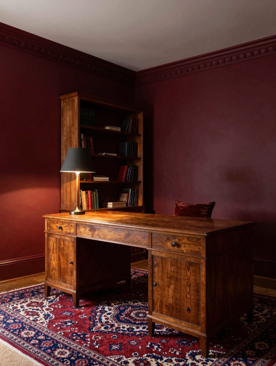 A luxurious home office featuring color drenching with deep burgundy walls, desk, and decor, creating a sophisticated and ...