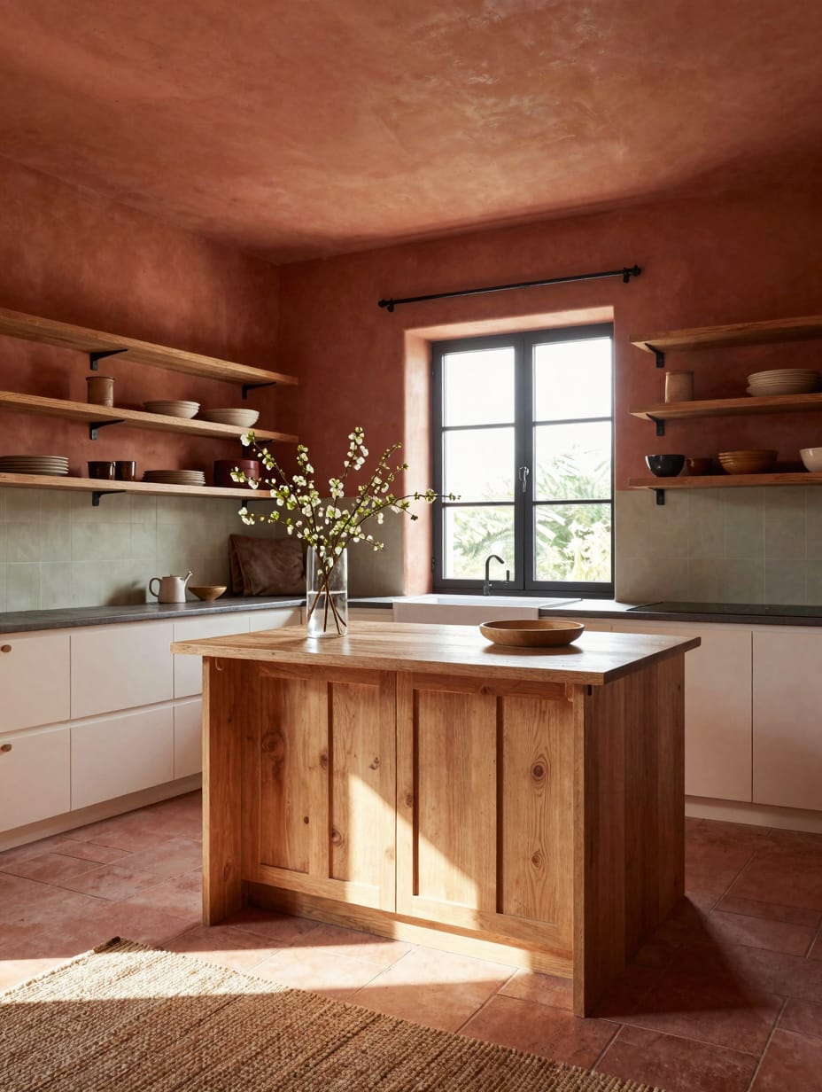 A color drenching kitchen with walls, cabinets, and island in a warm terracotta hue, creating an earthy and radiant atmosp...