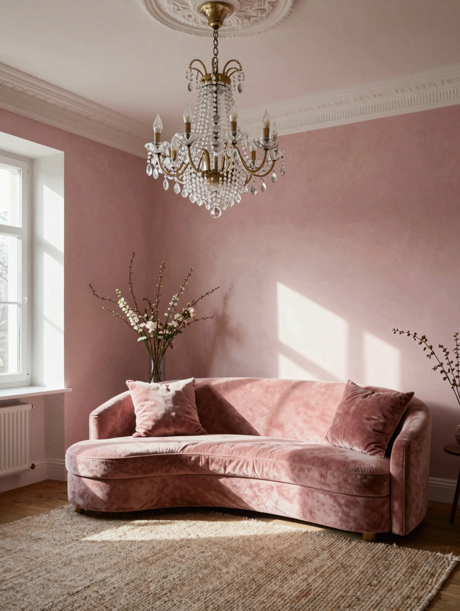 A luxurious blush pink color drenching living room featuring velvet armchairs, gold decor, and layered textiles for a soph...