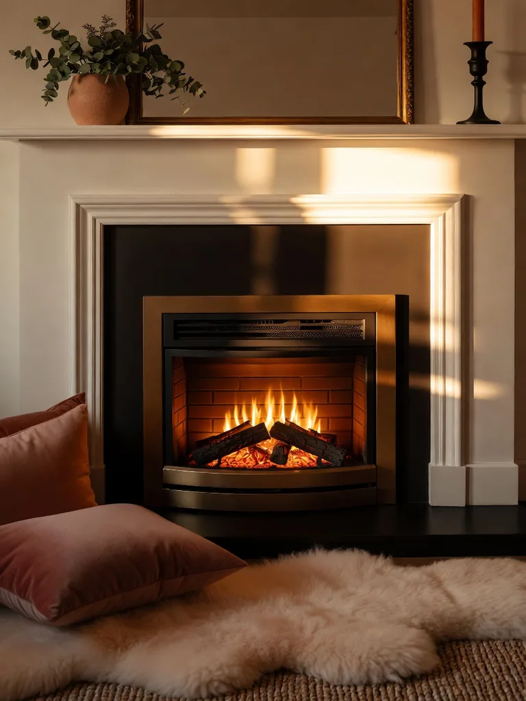 A cozy bedroom featuring a wall-mounted faux fireplace emitting a warm, inviting glow, enhancing the room's comfort.