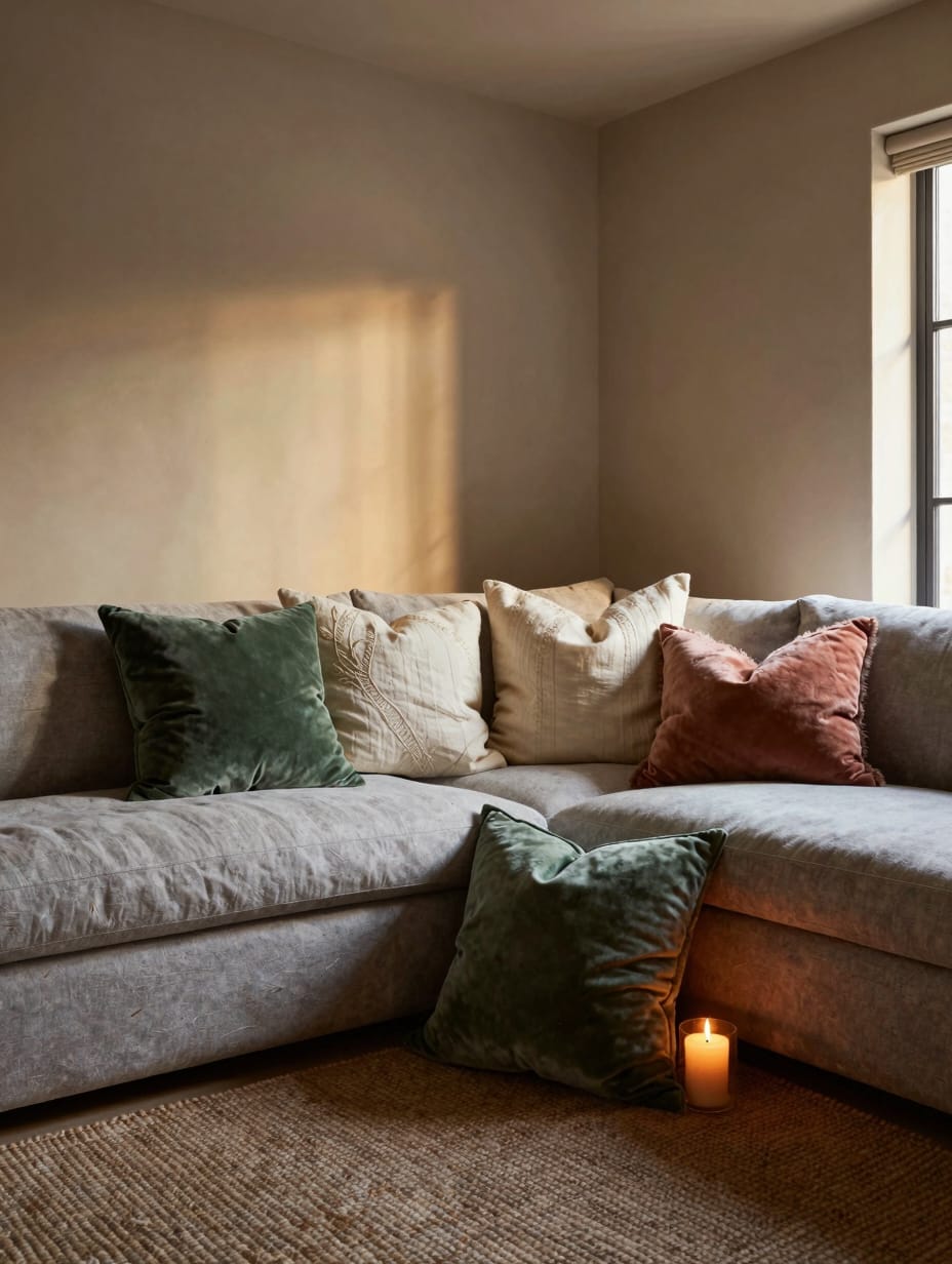 A plush sofa layered with soft throw pillows and blankets creates a cozy, inviting living room oasis.