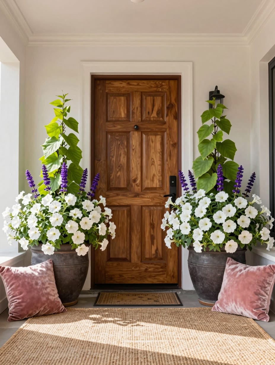 A welcoming front porch featuring two identical planters filled with vibrant greenery, creating a perfectly symmetrical en...