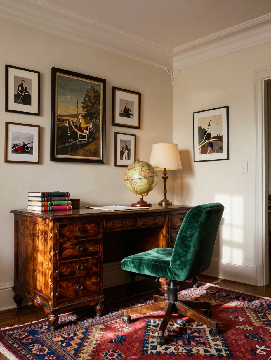 An eclectic home office showcasing vintage finds, colorful artwork, and a unique desk, perfect for a creative home office ...