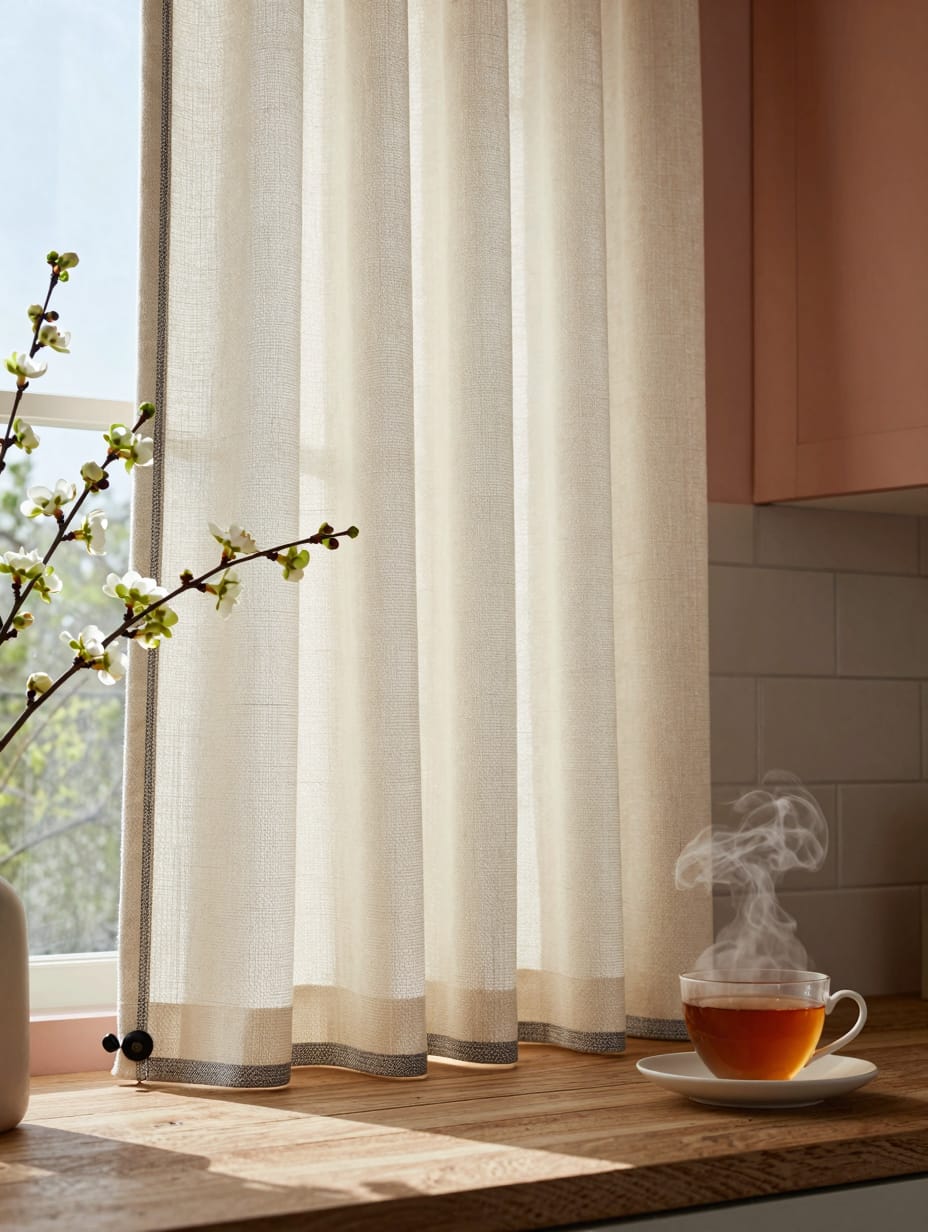Blue and white French ticking stripe kitchen sink curtains in a bright kitchen.