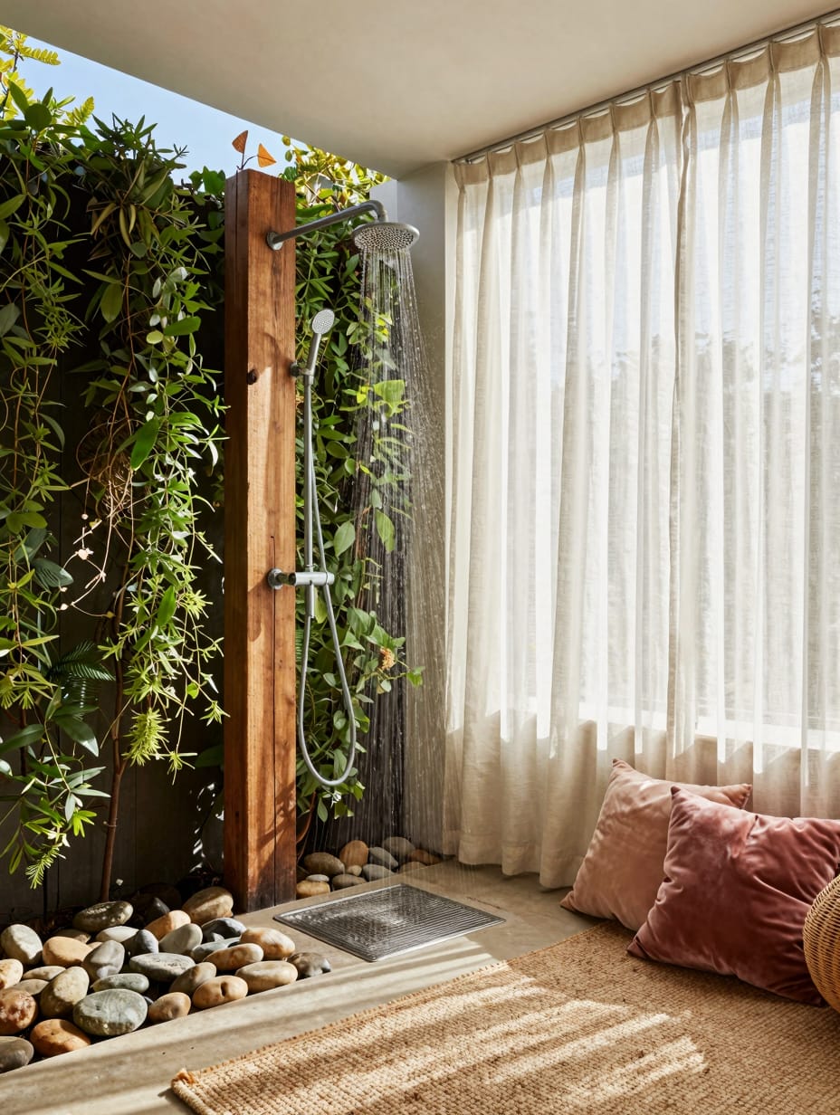 A refreshing outdoor shower nestled beside a garden path with a vibrant living wall backdrop, offering a natural and seren...