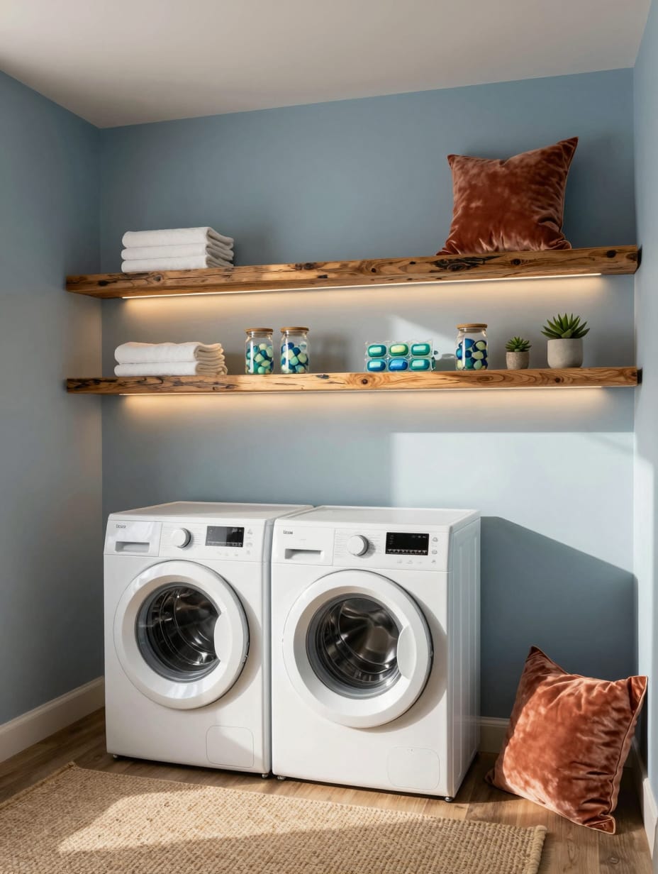 A beautifully organized small laundry room featuring elegant floating open shelving above a washer and dryer, showcasing p...