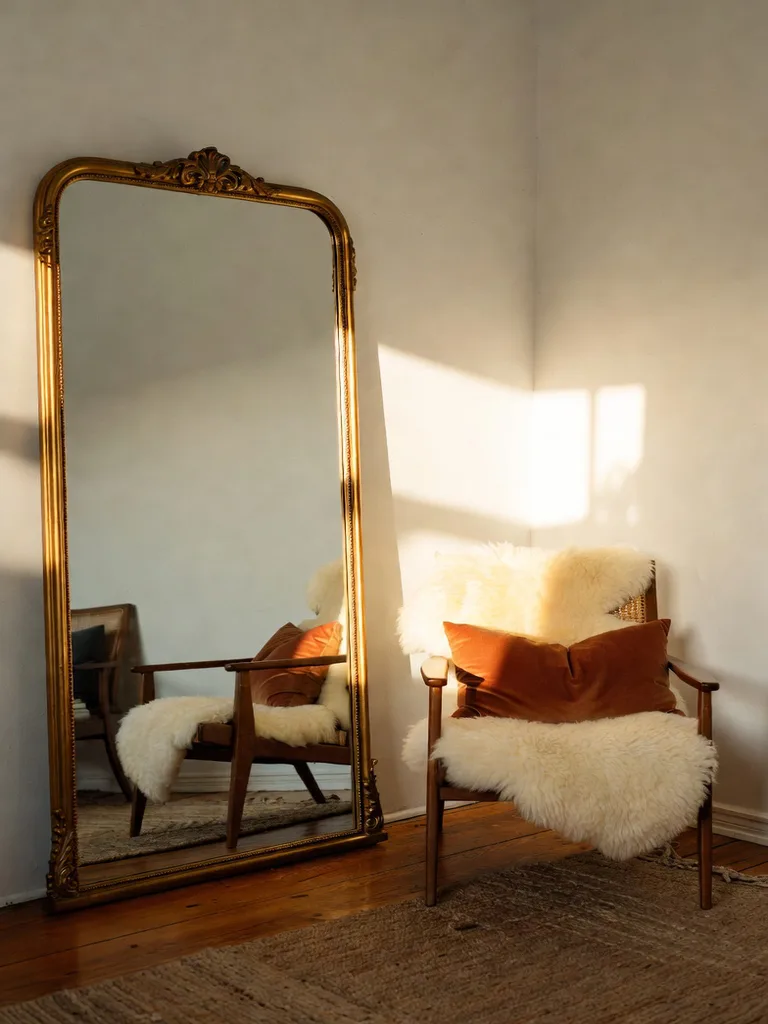 A stylish studio apartment living area featuring a large decorative mirror reflecting light and expanding the perception o...