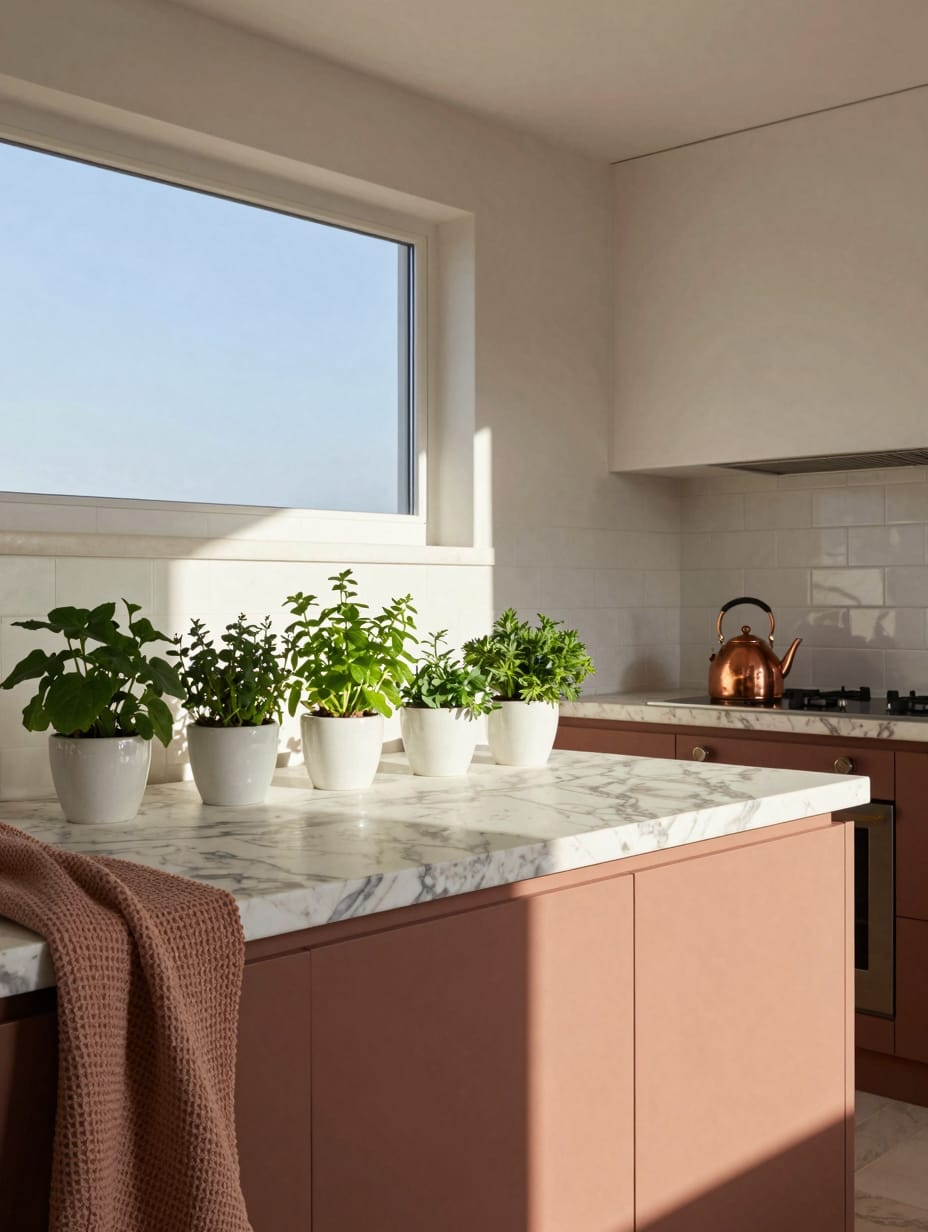Hand applying stylish marble contact paper to a worn kitchen countertop, transforming the surface for budget apartment dec...