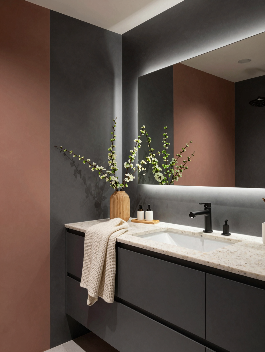 A luxurious charcoal color drenched bathroom with dark gray tiles, walls, and vanity, creating a chic, modern, and serene ...