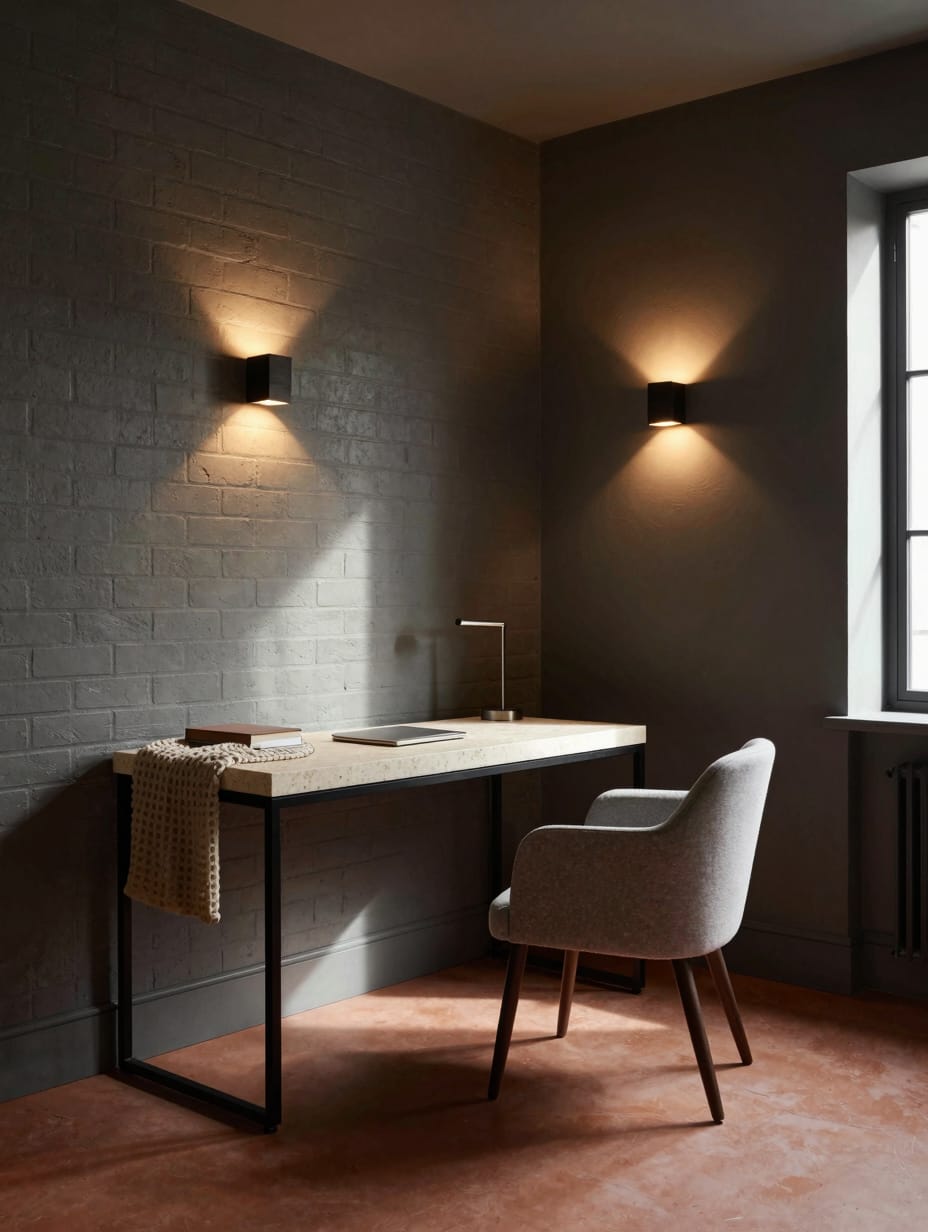 A serene color drenching home office with charcoal gray walls, desk, and shelving, creating a calming, monochromatic work ...