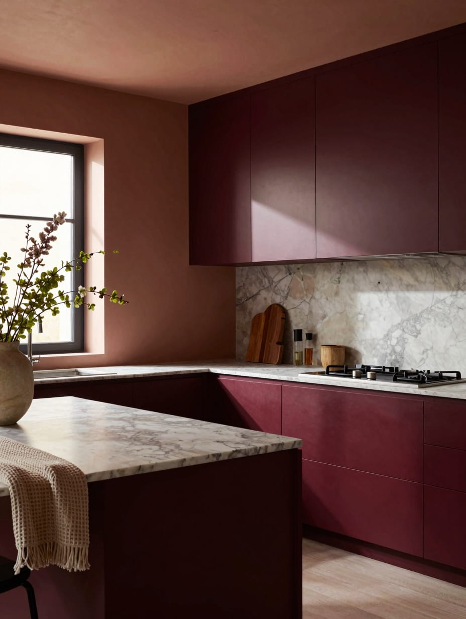 A luxurious burgundy color drenching kitchen featuring matching cabinets, walls, and a rich, cohesive design.