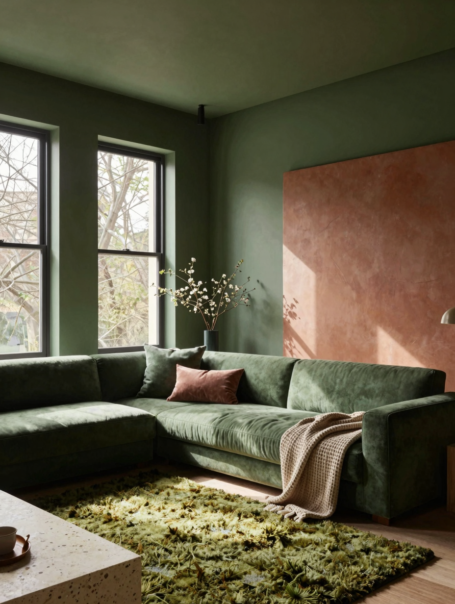 A cozy living room drenched in deep forest green, creating a peaceful and natural sanctuary with plush seating.