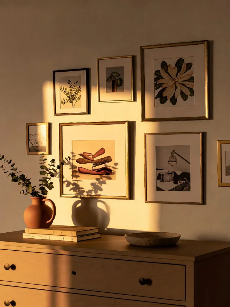 A cozy bedroom with a personalized gallery wall featuring framed art and photos above a soft bed, adding character to the ...
