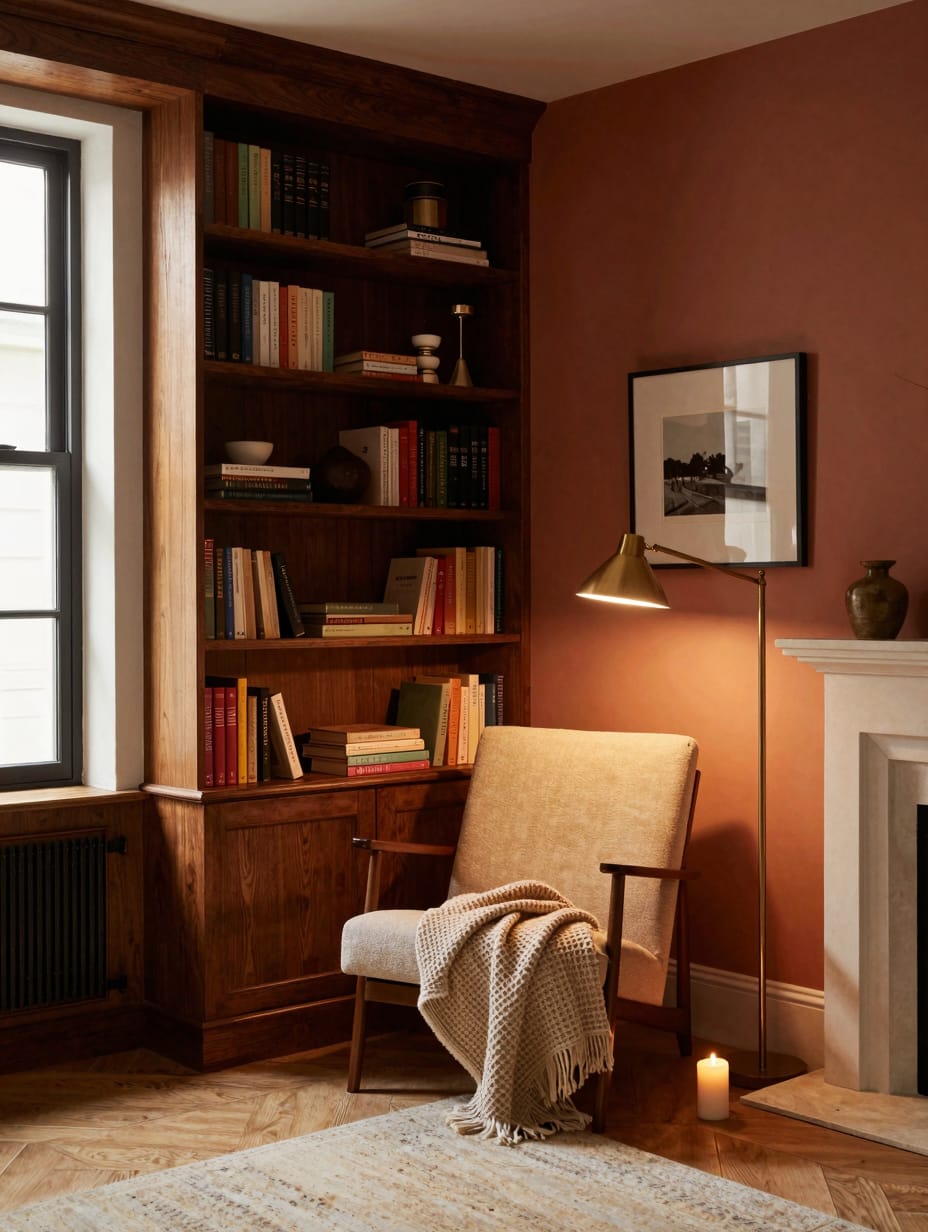 A cozy living room featuring a floor-to-ceiling bookshelf filled with books, warm lamps, a comfy sofa, and a soft rug, cre...