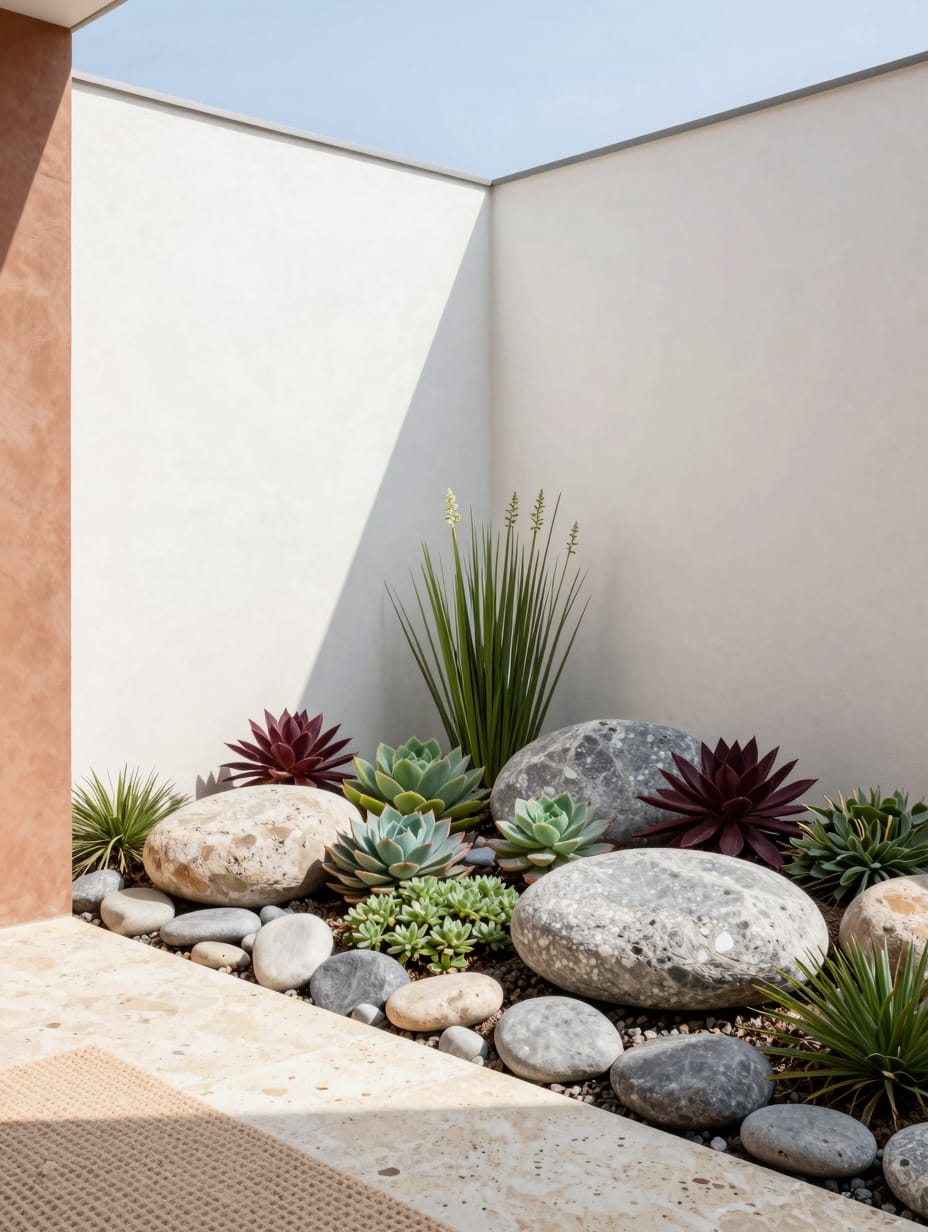 A low-maintenance resilient rock garden display with various sized stones and drought-tolerant succulents in a front yard....