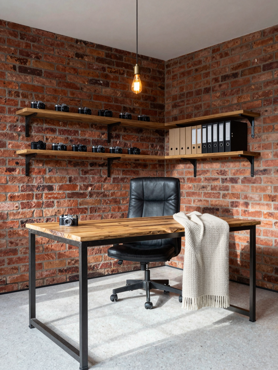 Industrial home office aesthetic featuring a black metal desk, warm wood shelves, and a comfortable ergonomic chair.
